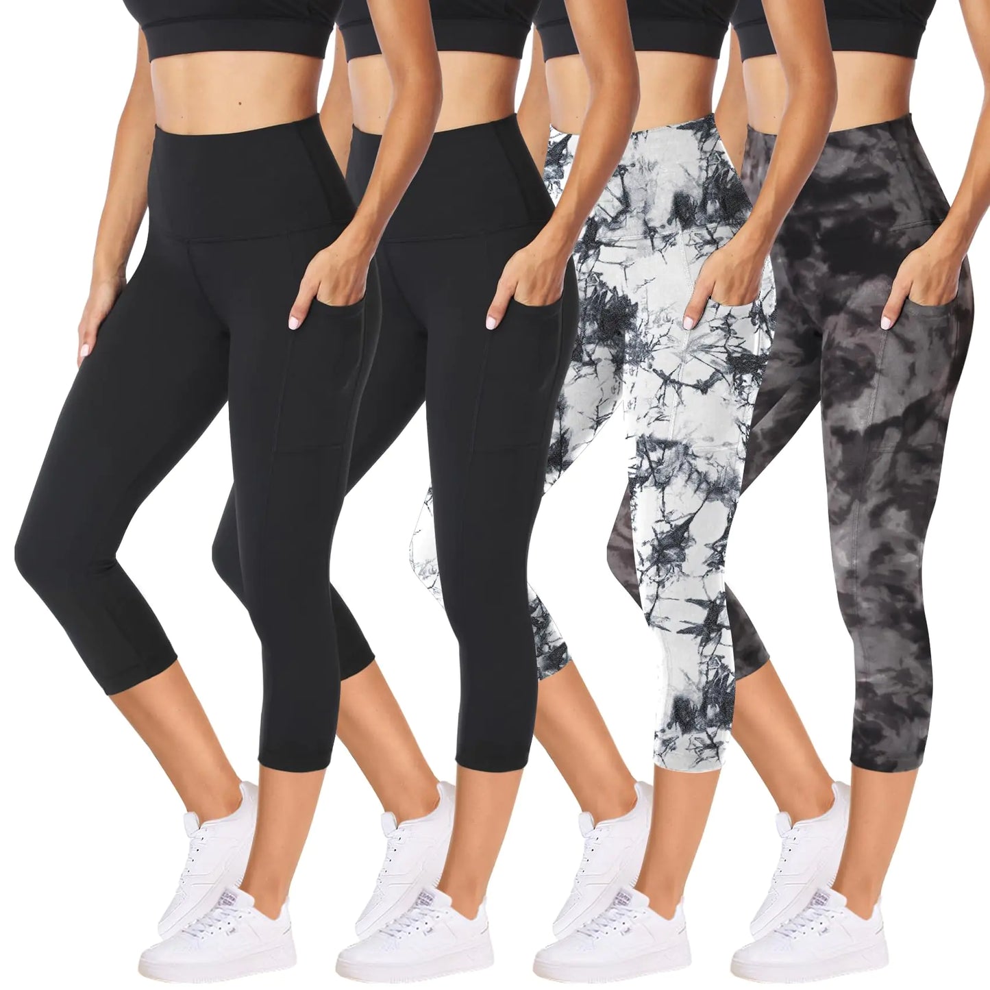 NexiEpoch 4 Pack Leggings for Women with Pockets- High Waisted Tummy Control for Workout Running Capri Yoga Pants Capri Leggings XX-Large 7#black*2/ Marble /Tie Dye Black