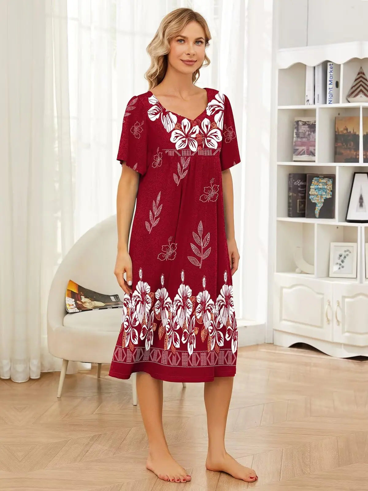 House Dresses for Women with Pockets Moo Moo Nightgown Short Sleeve Mumu Dress Lounge Dress S-3XL Wine Red 5X-Large