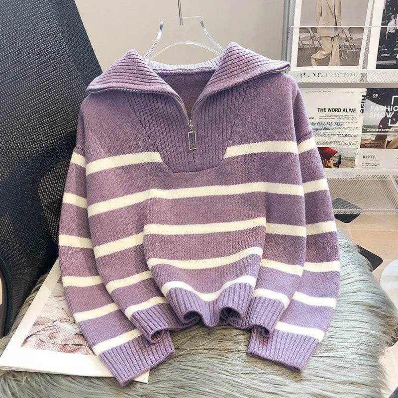 Women's Contrast Color Striped Sweater With Zipper