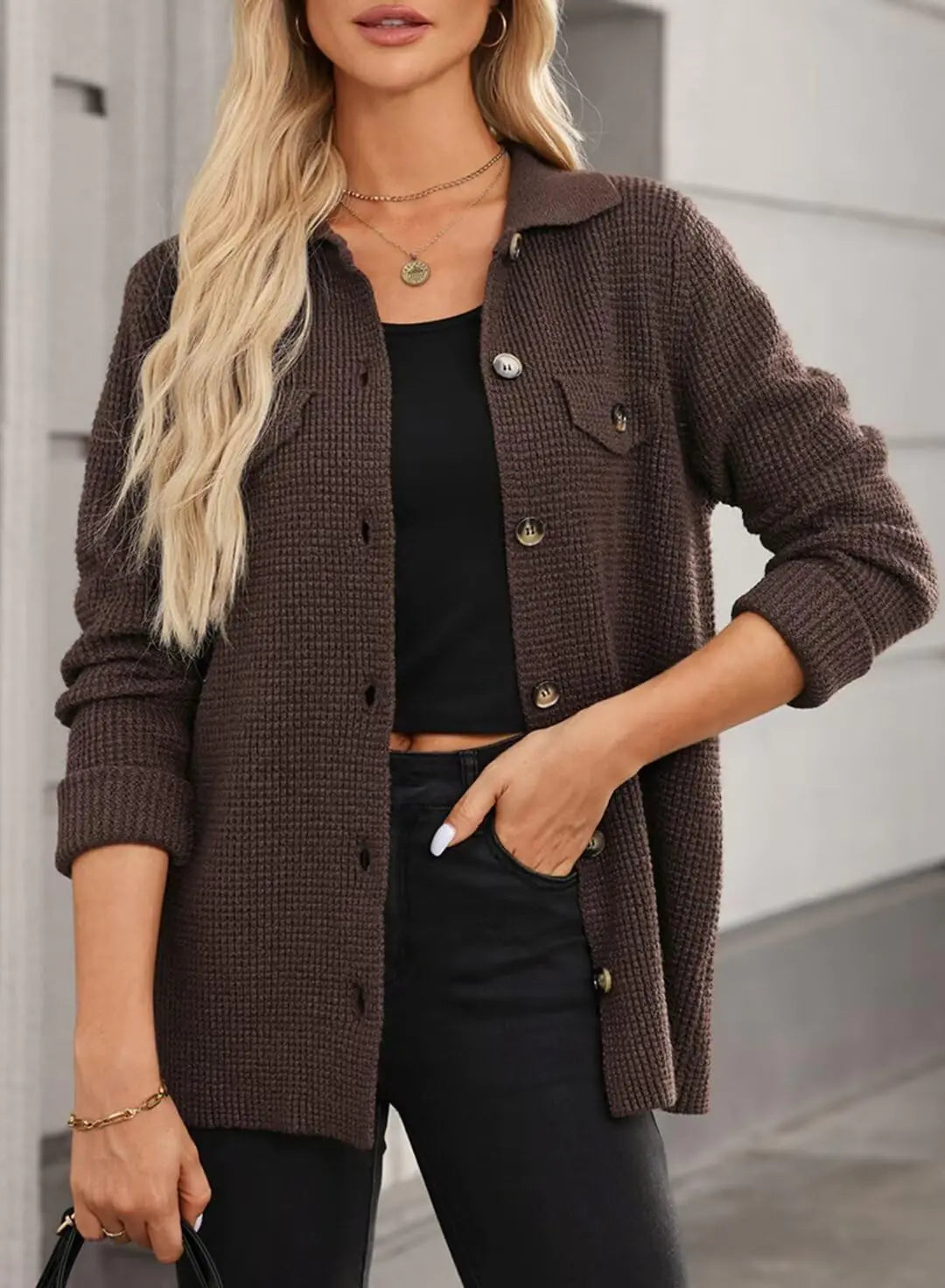 Astylish Women 2024 Waffle Knit Shacket Jacket Casual Long Sleeve Sweater Button Down Shirts Dressy Blouse Top Large Coffee