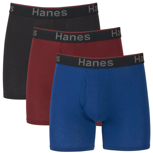 Hanes Total Support Pouch Men's Boxer Brief Underwear, Anti-Chafing, Moisture-Wicking Odor Control, 3-Pack (Reg or Long Leg) Large Regular Leg - Blue/Red/Black - 3 Pack