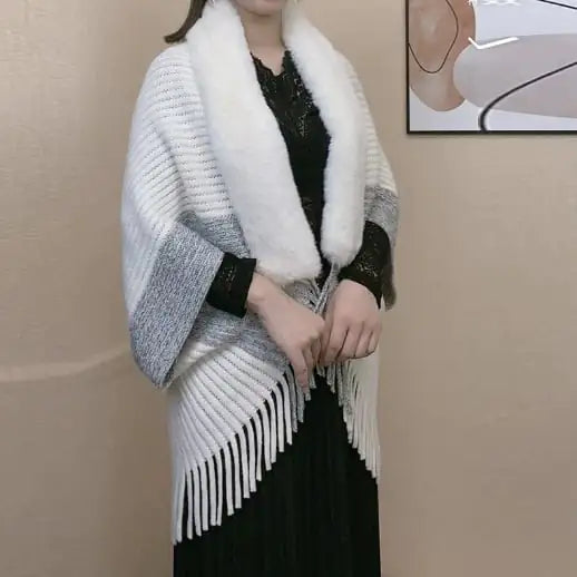 Knitted Fringed Fur-Neck Shawl