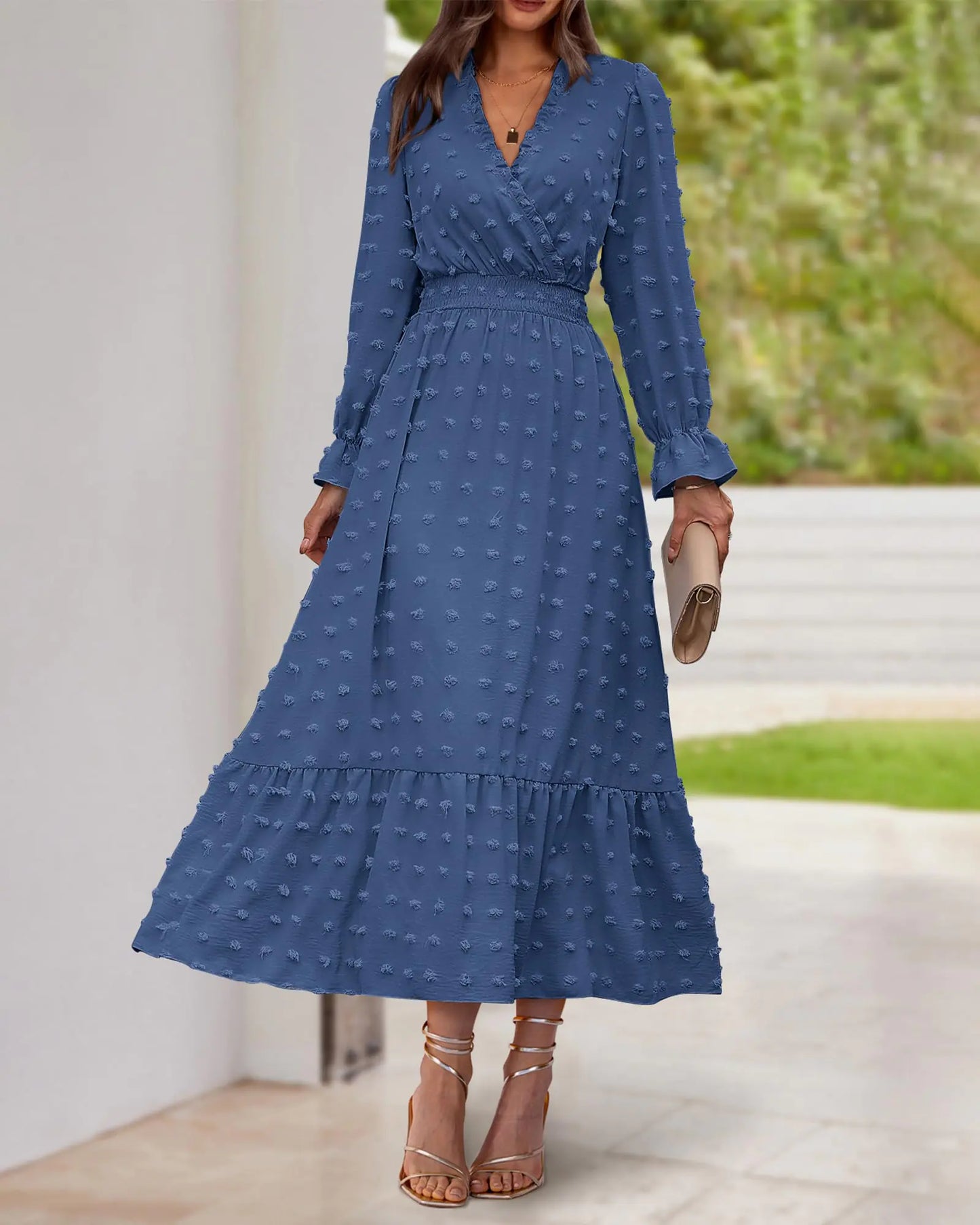 BTFBM Women Fall Dresses 2024 Long Sleeve V Neck Swiss Dots Maxi Dress Boho Long Dress High Waisted A-Line Ruffle Dress Small Solid Blue