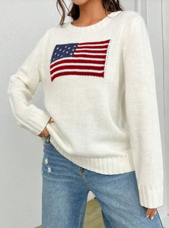 Women's Loose Round Neck Flag Sweater