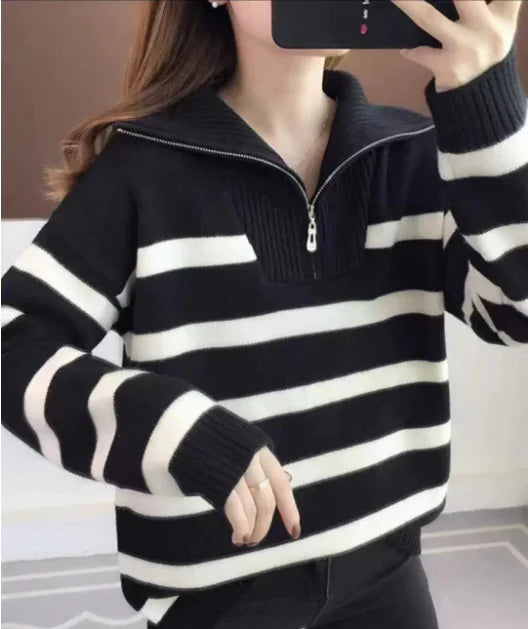 Women's Contrast Color Striped Sweater With Zipper