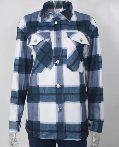 Navy Blue Checked Shacket Womens