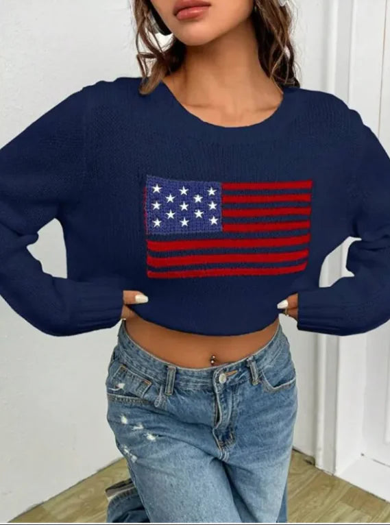 Women's Loose Round Neck Flag Sweater