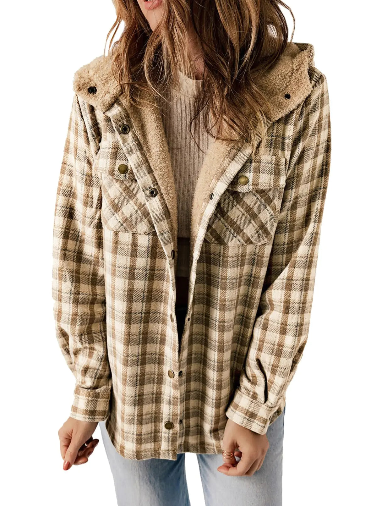 Dokotoo Womens Plaid Shacket Jacket Long Sleeve Button Down Fleece Hooded Jackets Warm Coat X-Large Khaki