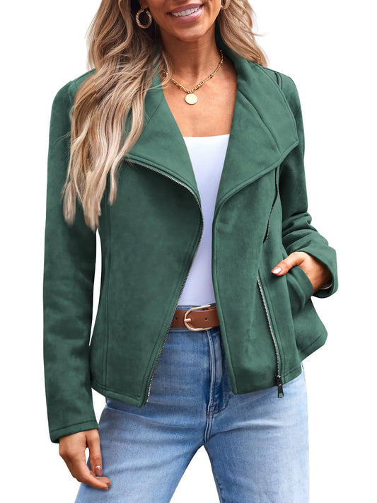 AUTOMET Womens Faux Leather Jackets Suede Fall Fashion 2024 Outfits Winter Clothes Open Front Cropped Coat Outwear Small Green