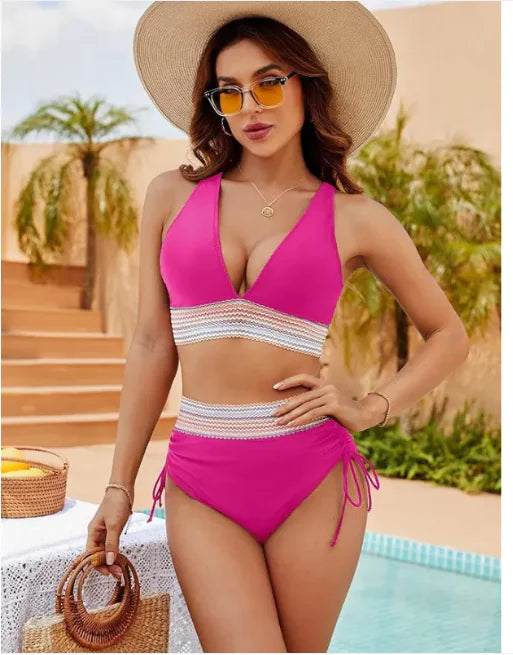 High-Waist Color Block Bikini Set with Drawstring Detail