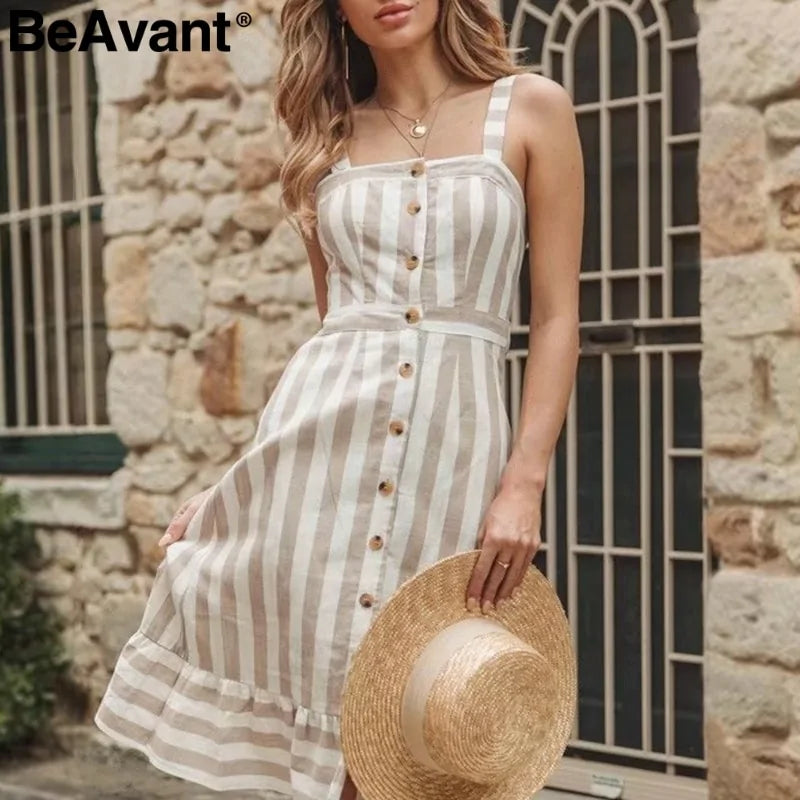 BeAvant Lässiges gestreiftes Leinen-Baumwollkleid für Damen mit Knopfleiste, Strand-Sommerkleid 2019, sexy rückenfreie Midikleider für Damen, Vestidos