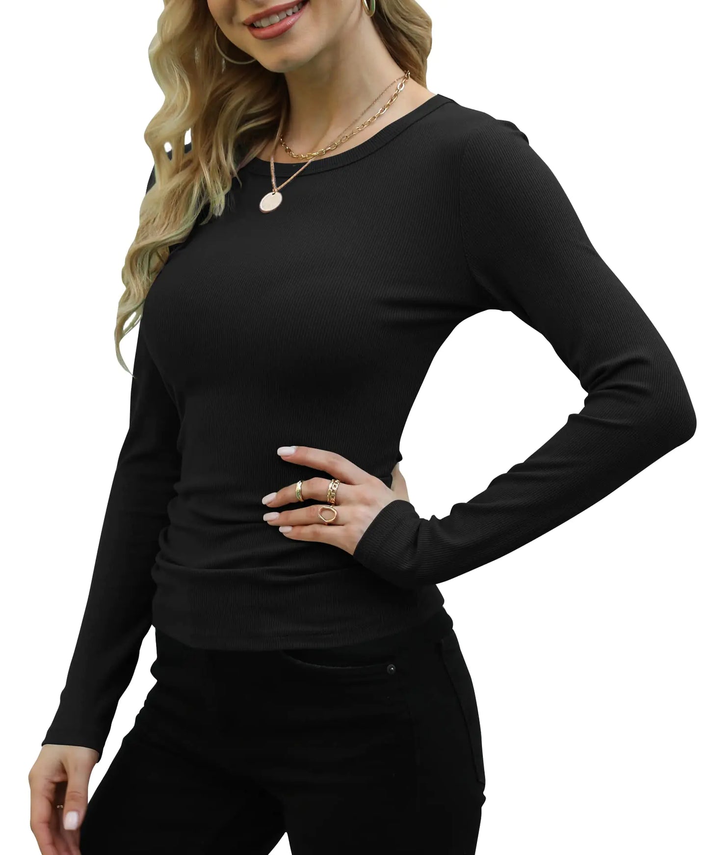 GEMBERA Womens Ribbed Long Sleeve Crewneck Casual Slim Basic Shirts Fitted Knit Tops Medium Black