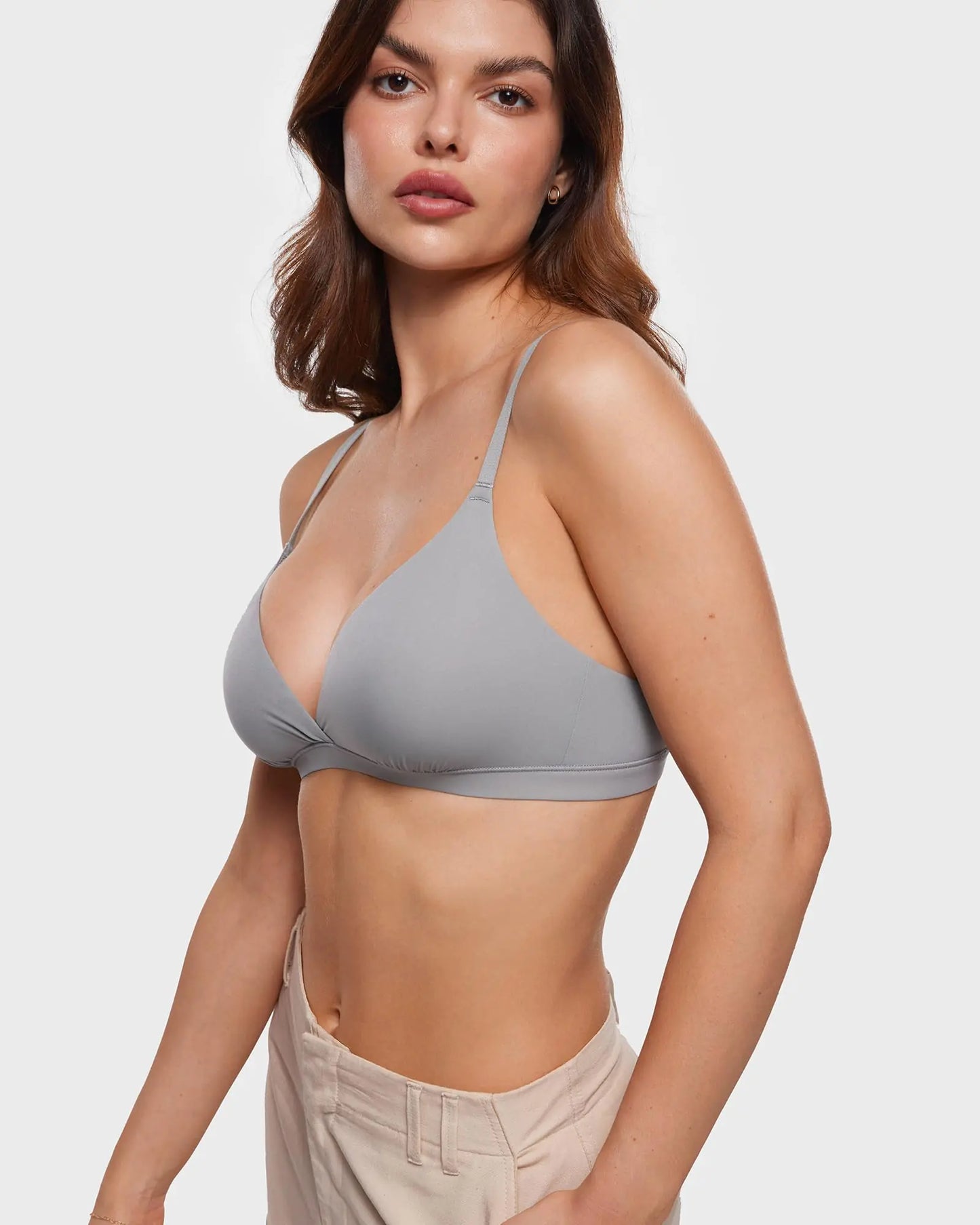 Women's Inbarely Triangle Bralette Comfortable Unlined V Neck Wireless Smoothing Bra Top Stretch X-Small Neutral Gray